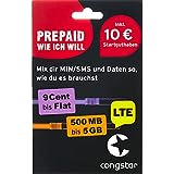 congstar Prepaid WIE ICH WILL Sim-Karte ohne Vertrag I Prepaid-Guthaben Wunschmix in D-Netz-Qualität I frei wählen 0 - 5 MB & 9 Cent pro Min/SMS – flat I alle 4...